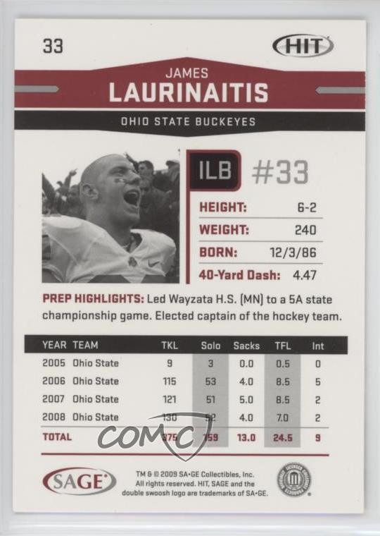 2009 SAGE Hit Gold James Laurinaitis #33 Rookie RC 0s5