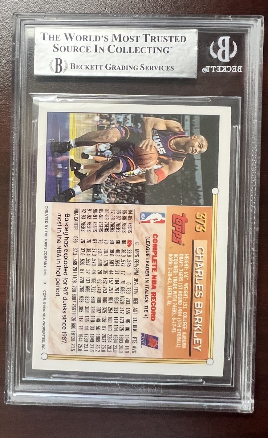 1993-94 Topps #373 Charles Barkley Autographed PHX Suns Beckett BAS