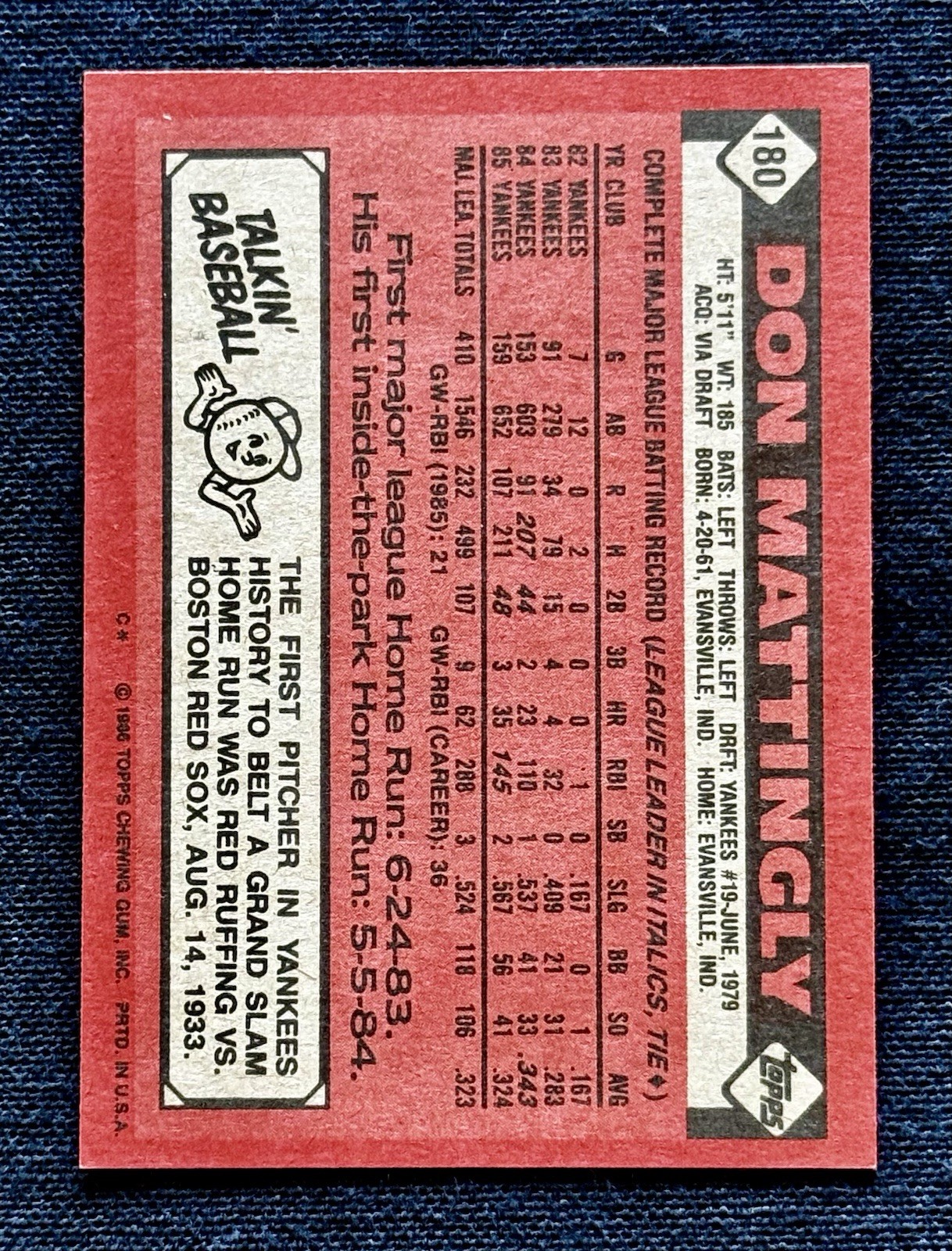 ‼️Mint/NM Vintage‼️1986 Topps Don Mattingly #180 New York Yankees ICON HOF
