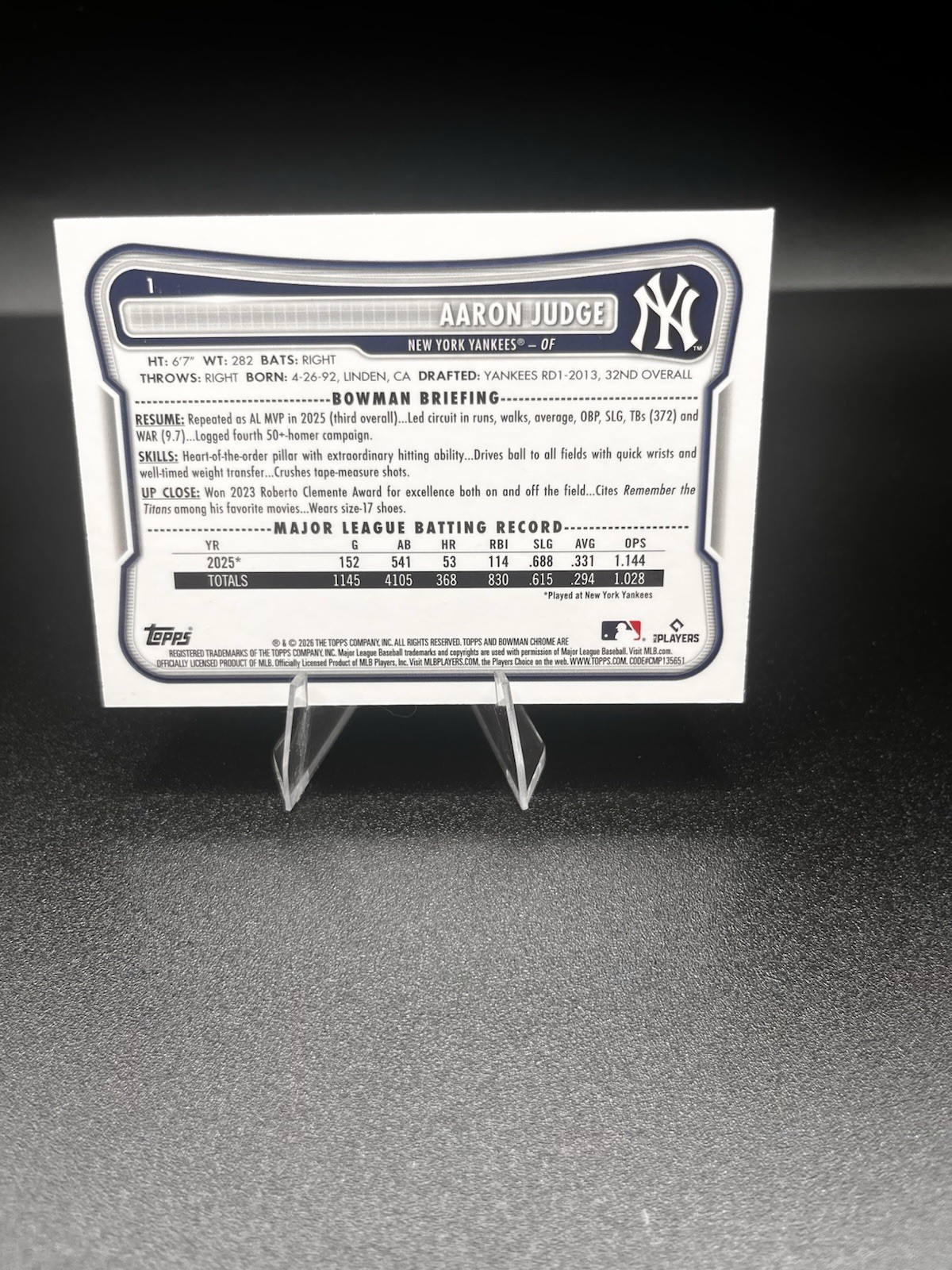 2026 Bowman Chrome Aaron Judge Navy Mojo Refractor #1 Yankees SP 56/175