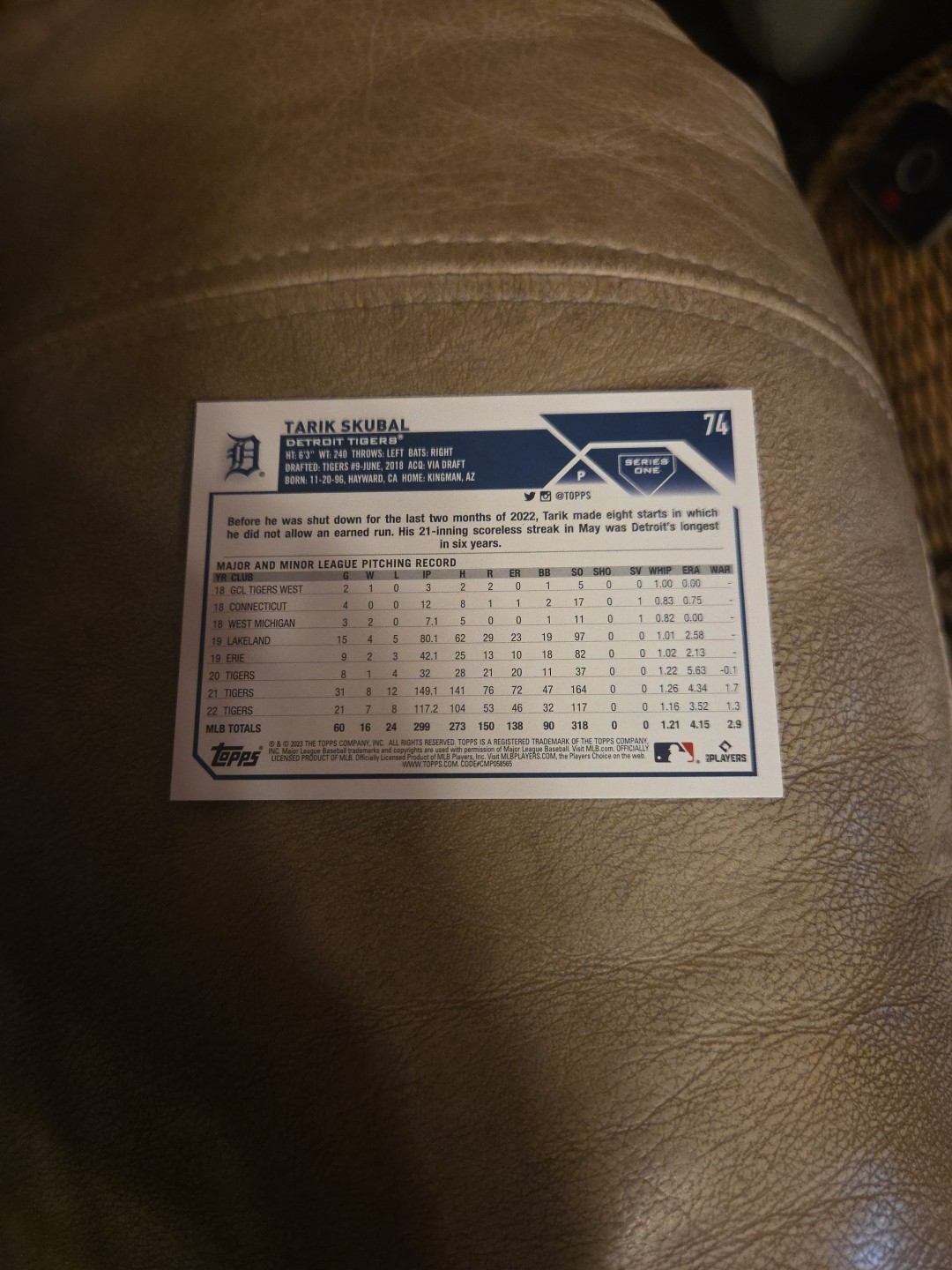 Tarik Skubal 2023 Topps Baseball card Series One Base #74 Detroit Tigers