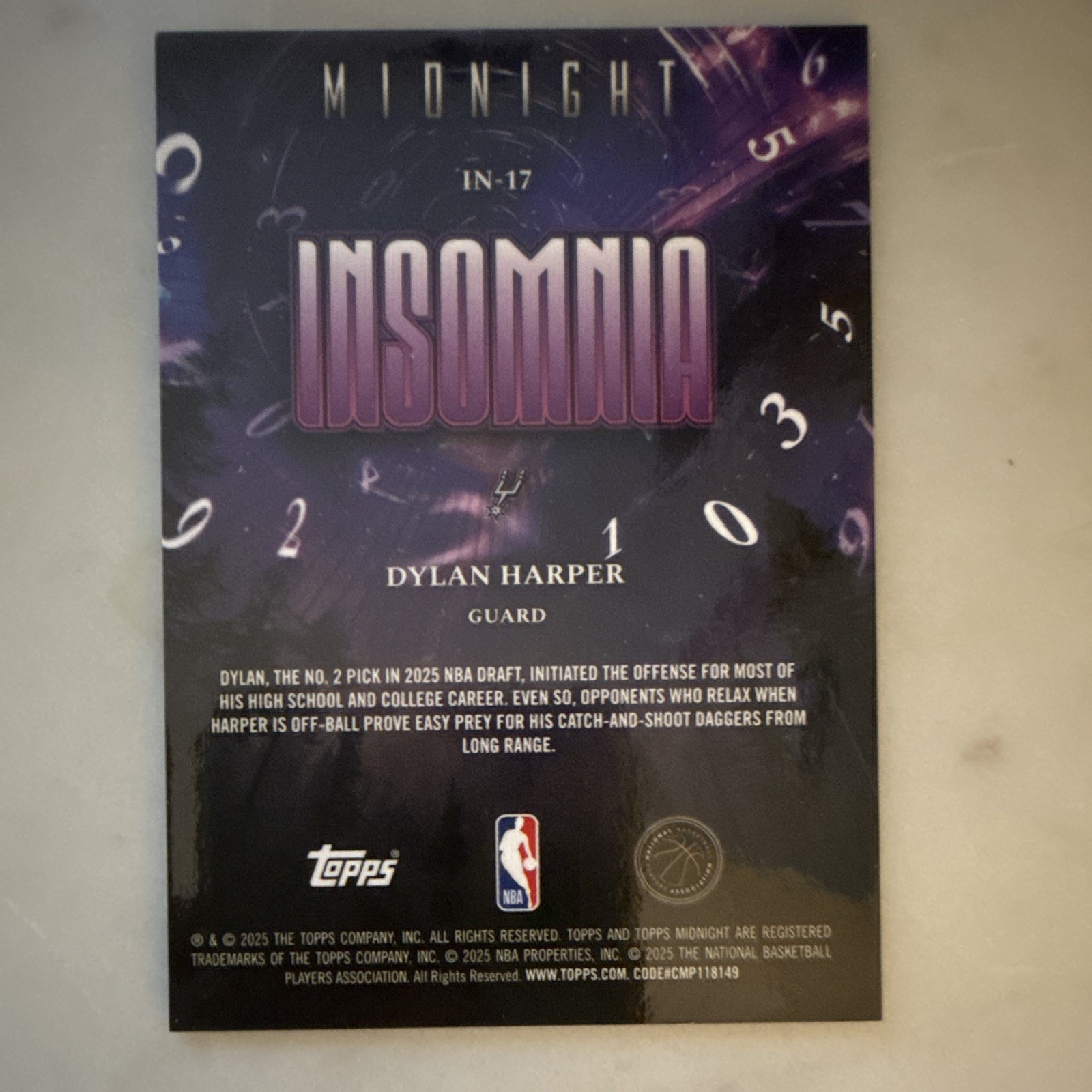 Dylan Harper Rookie 2025 Midnight Insomnia /149 /35 IN-17 Serial # Lot (3)