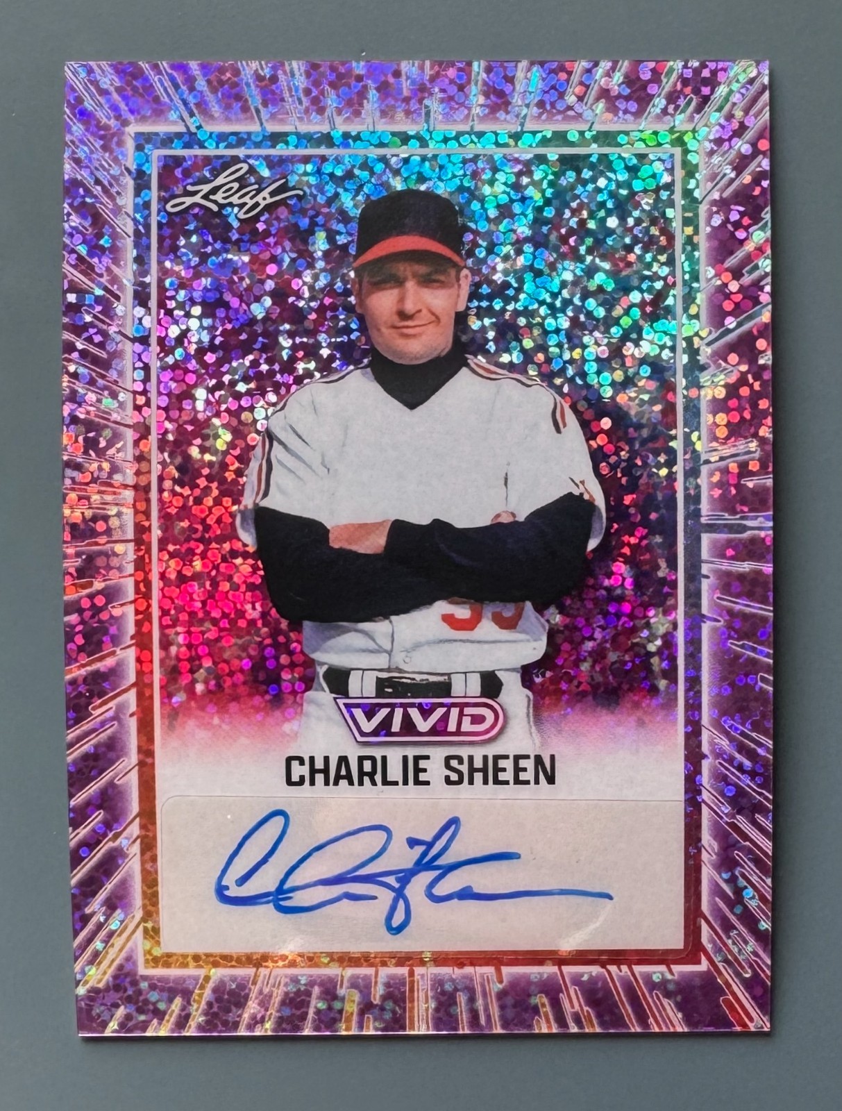 2025 Leaf Vivid Baseball #BA-CS1 Charlie Sheen Auto 4/7 Purple Prismatic
