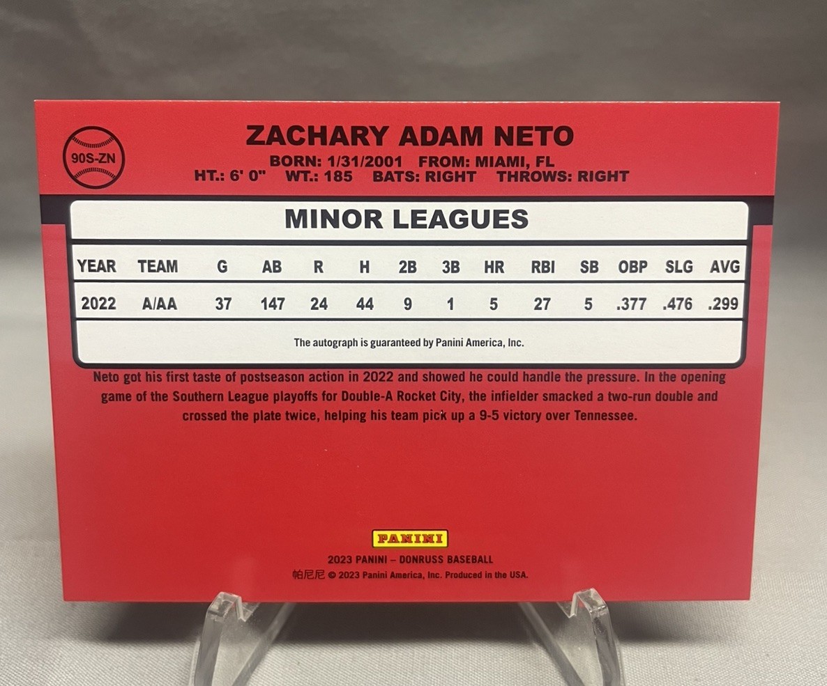 2023 Panini Donruss Zach Neto Retro 1990 Signatures Auto #90S-ZN Angels