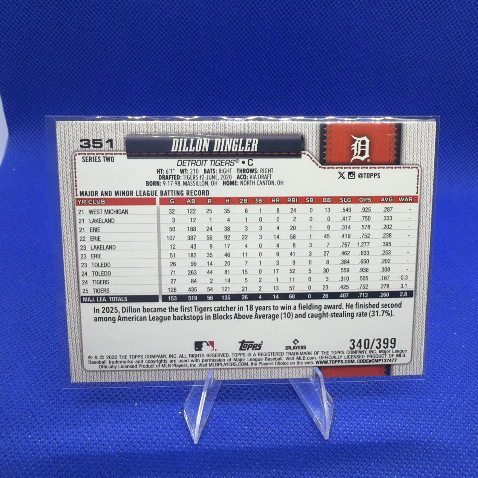 2026 Topps Series 2 – Dillon Dingler #351 Yellow Rainbow Foil /399 Tigers