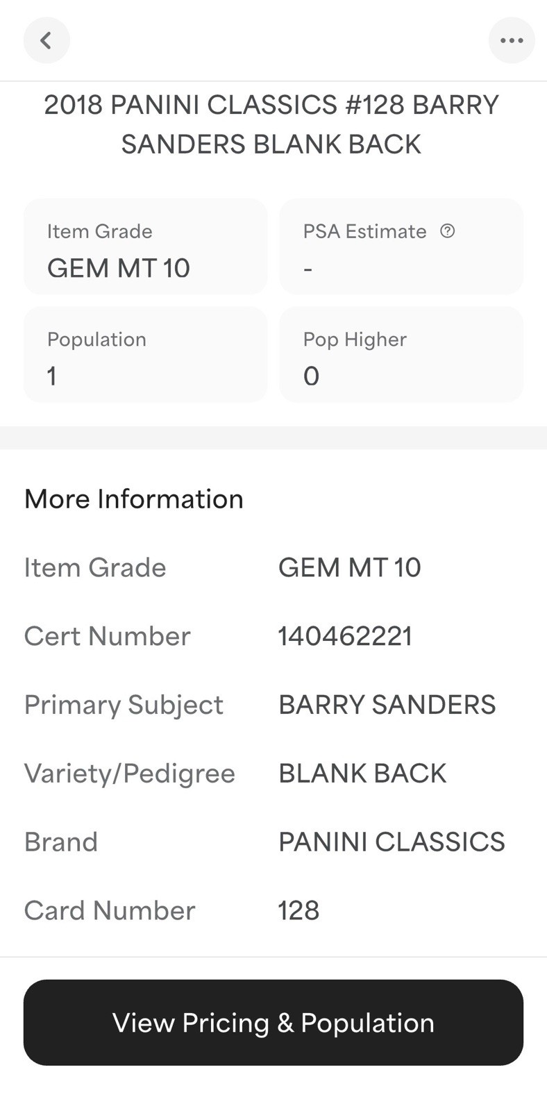 /50 PSA 10 Barry Sanders 2018 Panini Classics Blank Back Legends Retro SSP POP 1