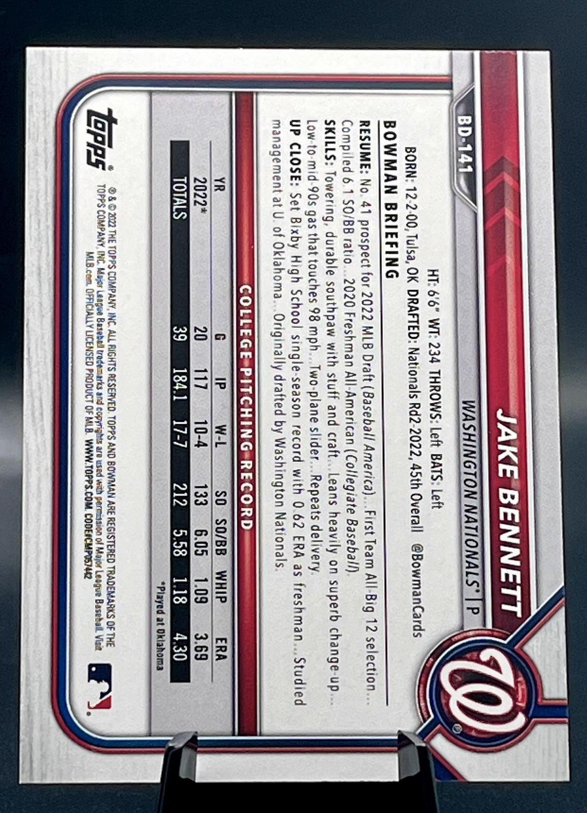 2022 Bowman Draft 1st Edition Jake Bennett Sky Blue #BD-141 Rookie 1st Nationals