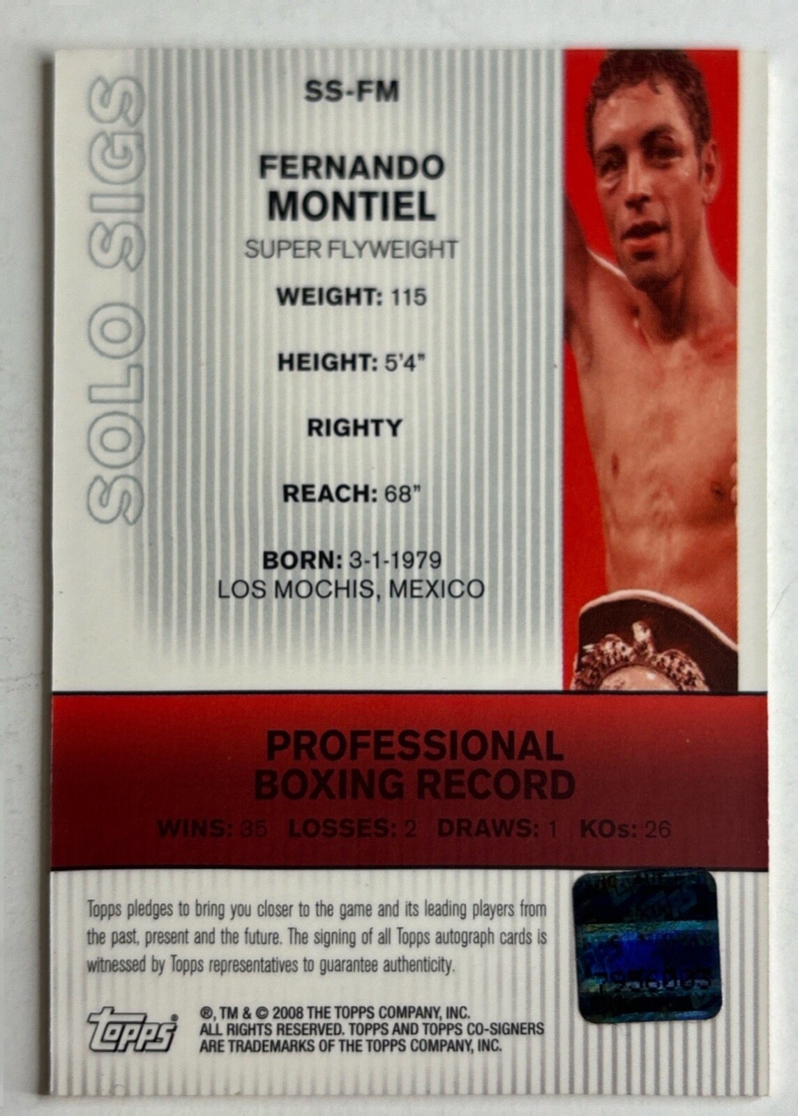08 Topps Co-Signers Fernando Montiel Auto Card Boxing SS-FM Solo Sigs