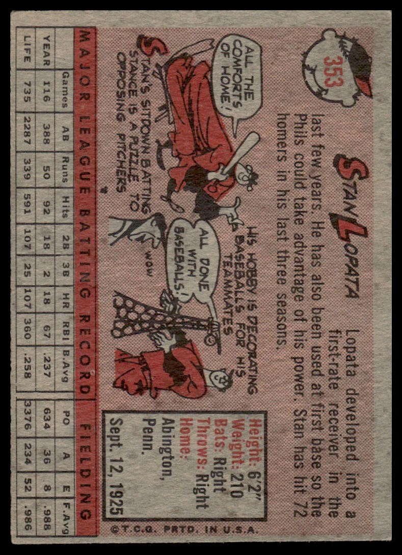 1958 Topps Stan Lopata #353 Philadelphia Phillies – Poor