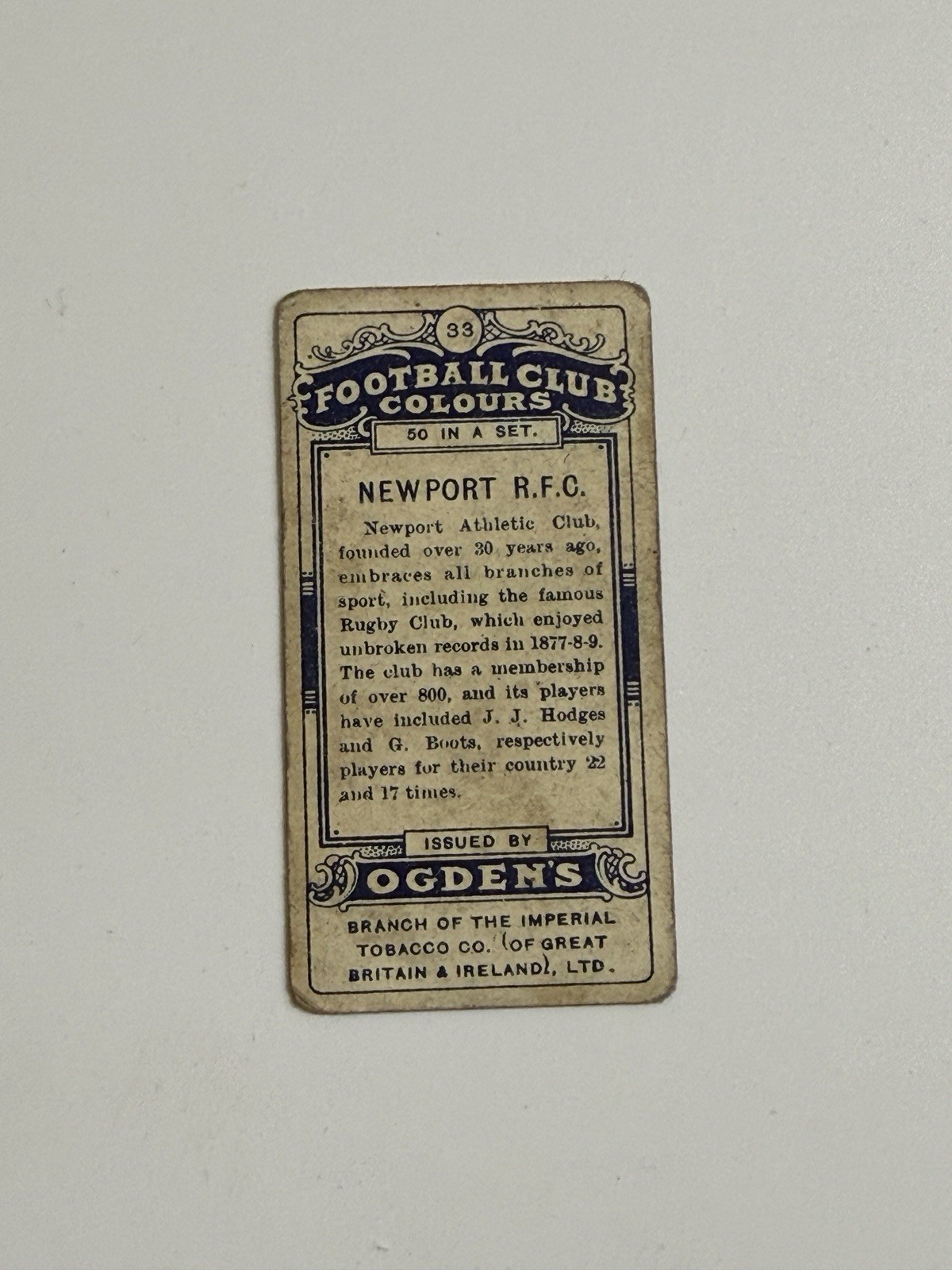 1906 Vintage Soccer ITC Football Club Tobacco Ogden’s #33 Newport R.F.C