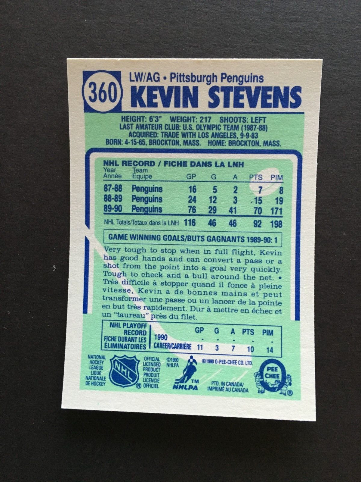 1990-91 O-PEE-CHEE #360 KEVIN STEVENS AUTOGRAPHED ROOKIE CARD