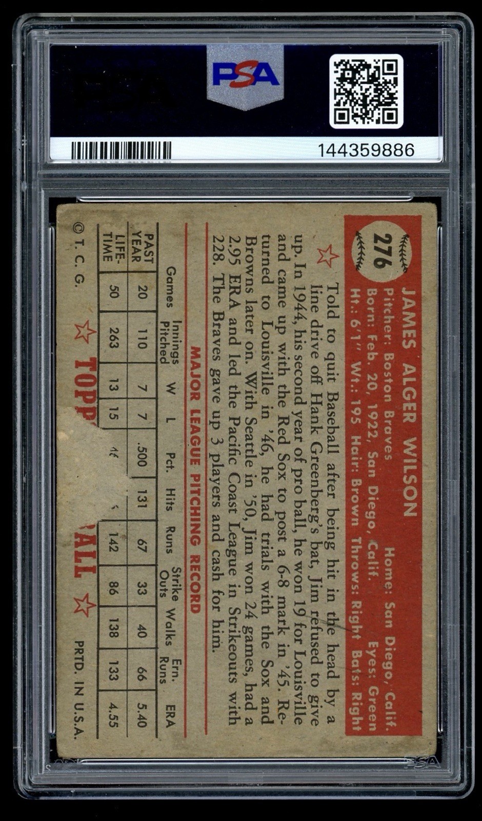 1952 Topps #276 Jim Wilson PSA/DNA Autograph PSA 1 8 Auto Well Centered RARE