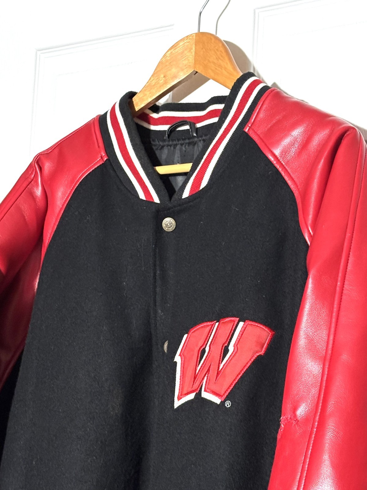 VTG STEVE & BARRY Wisconsin Badgers UW Jacket Mens Sz XL Black Wool Faux Leather
