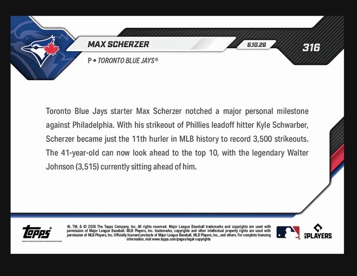 Max Scherzer 2026 Topps #316 NOW 11th Pitcher History To Reach 3500 Ks Presale🔥