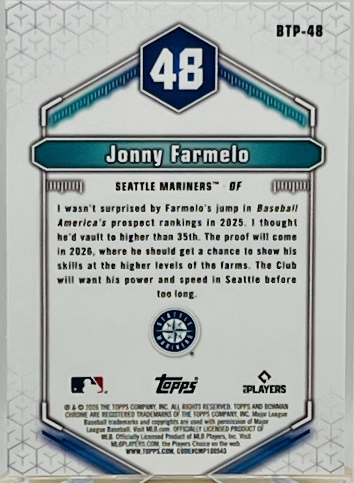 2026 Bowman Orange #BTP-48 Jonny Farmelo /25 Bowman Scouts Top 100 Mariners