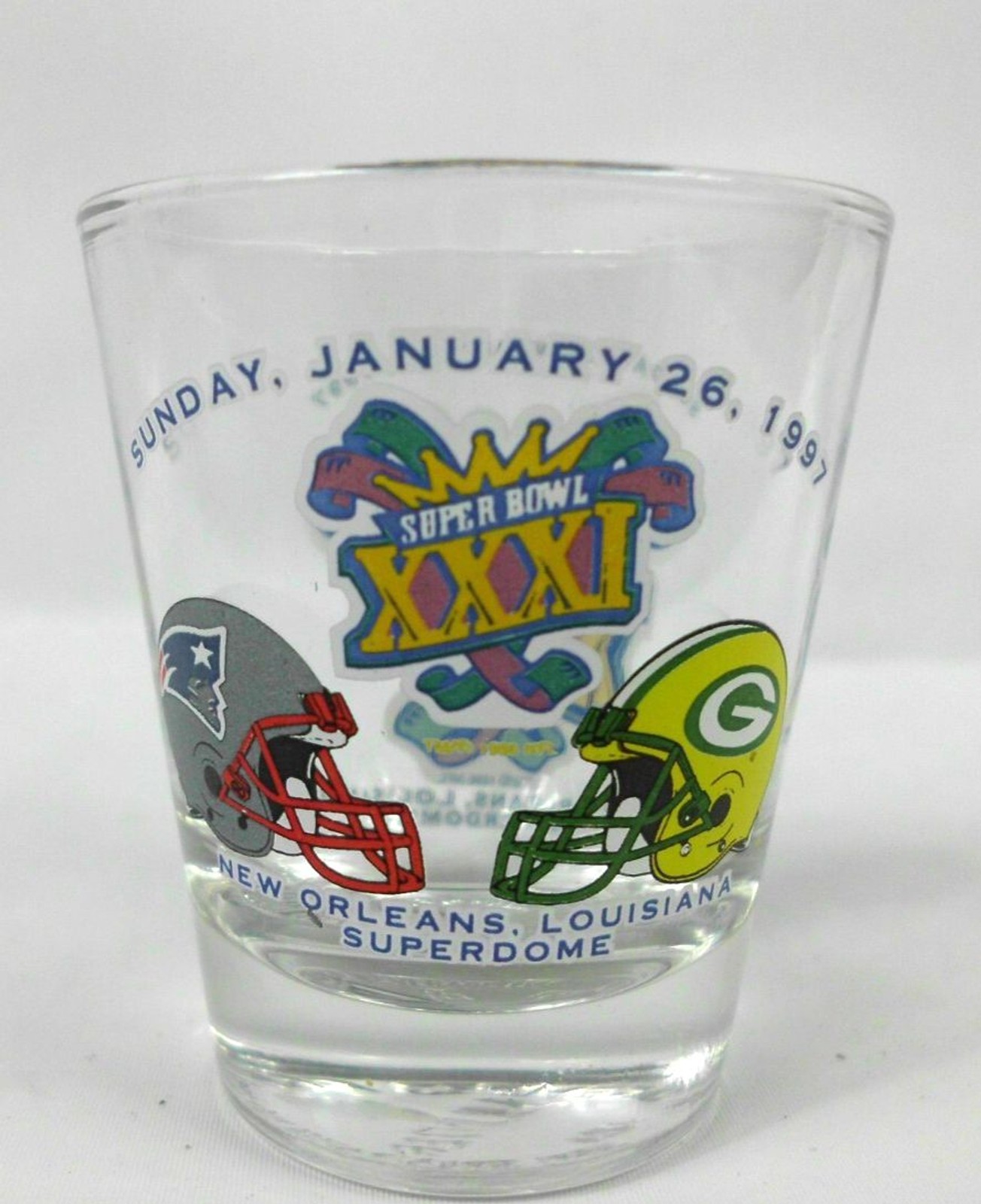 Vintage Super Bowl XXXI 31 Shot Glass NFL Football 1997 Packers Patriots 2.5 In