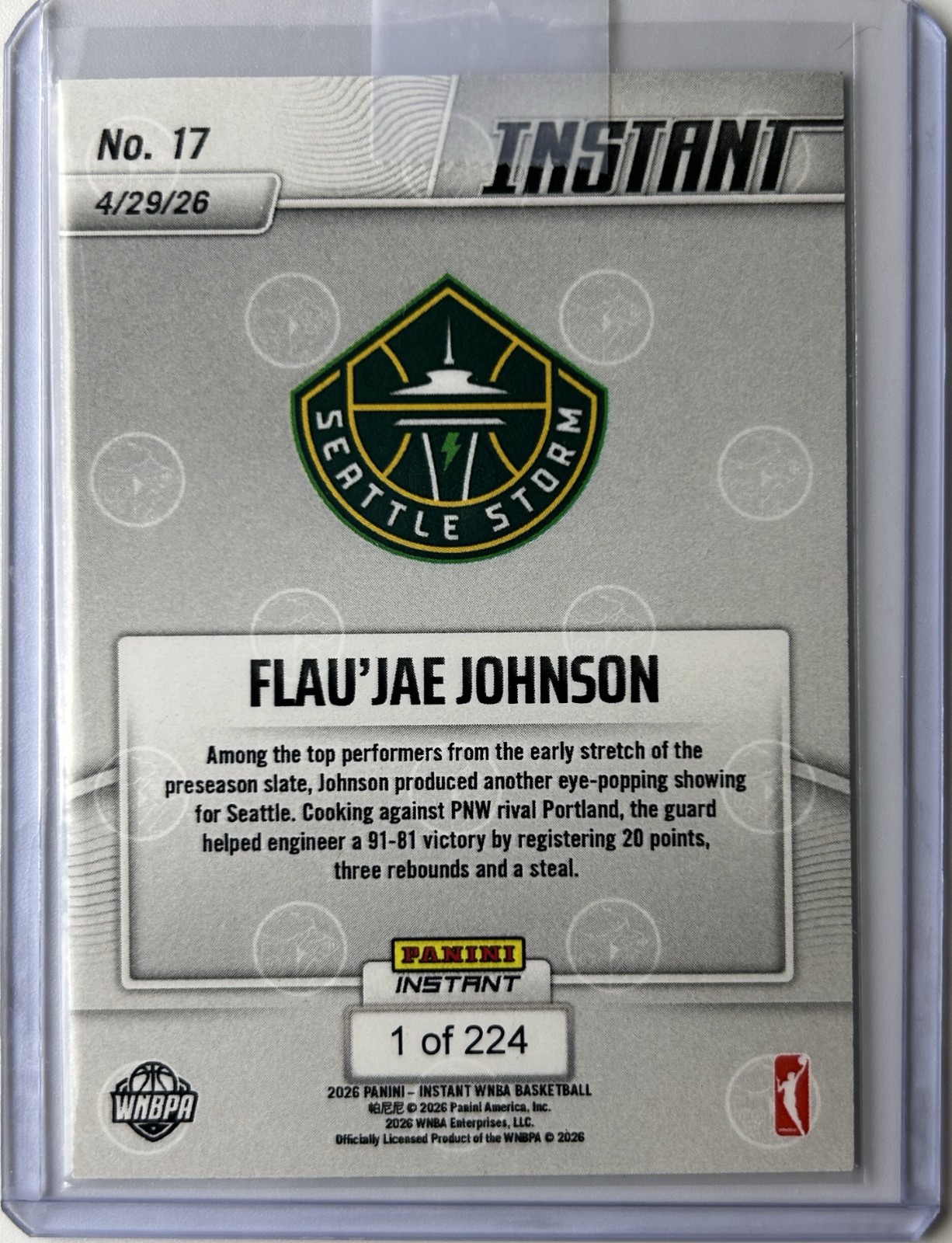 Flau’jae Johnson 2026 Panini Instant WNBA #17 Seattle Storm RC Presale