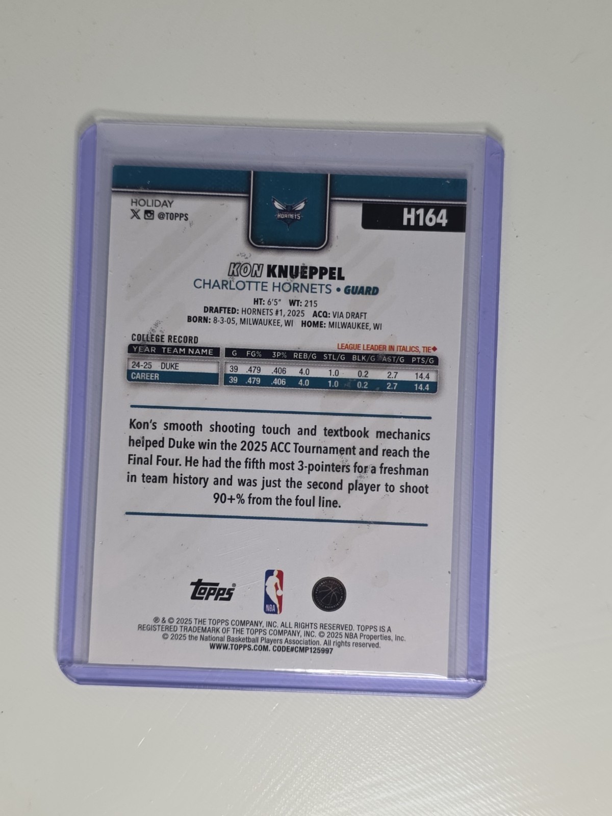 2025 Topps Holiday Kon Knueppel Silver Glitter RC Insert Hornets!