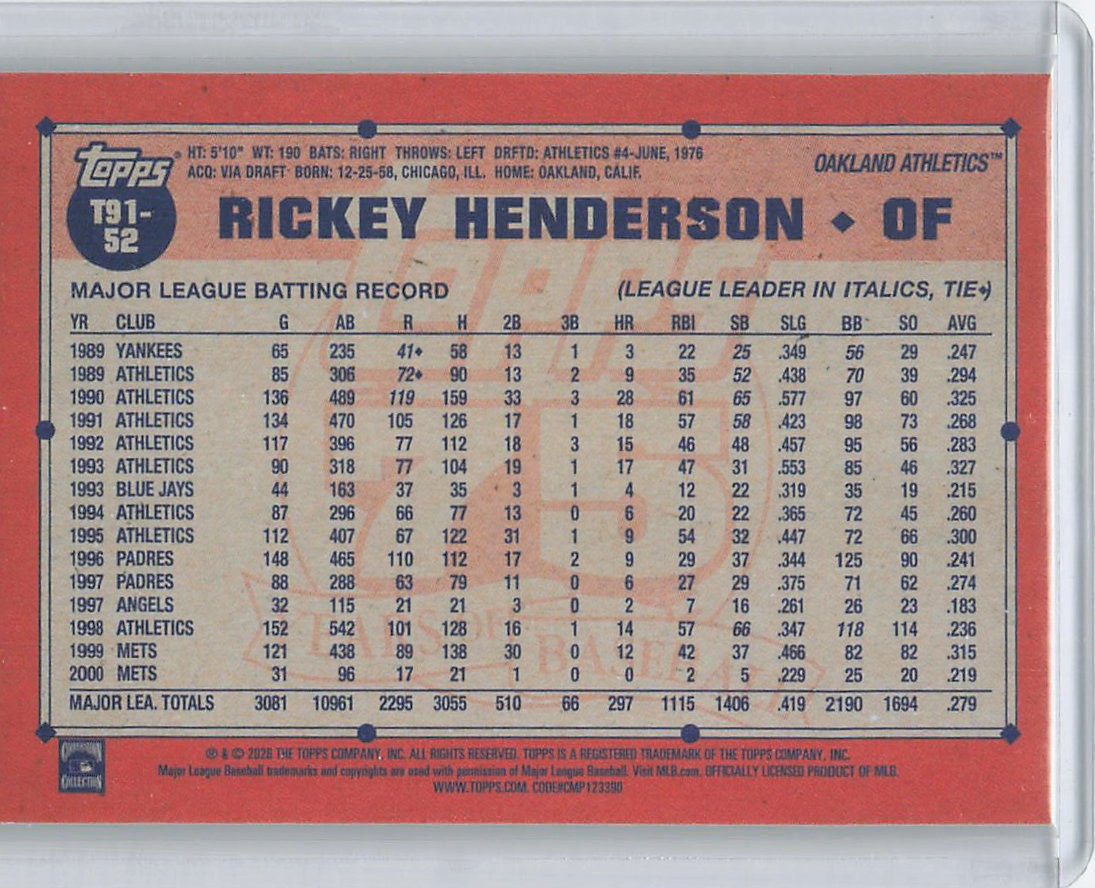 2026 #T91-52 Rickey Henderson 1991 Topps 35th Anniversary Crackle Foil Series 1
