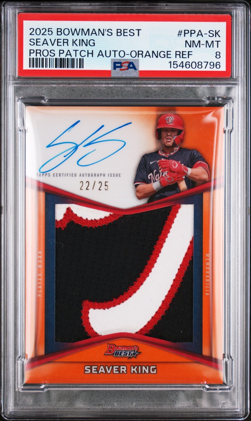 2025 BOWMAN’S BEST SEAVER KING PROSPECT PATCH AUTO ORANGE /25 PLAYER WORN PSA 8