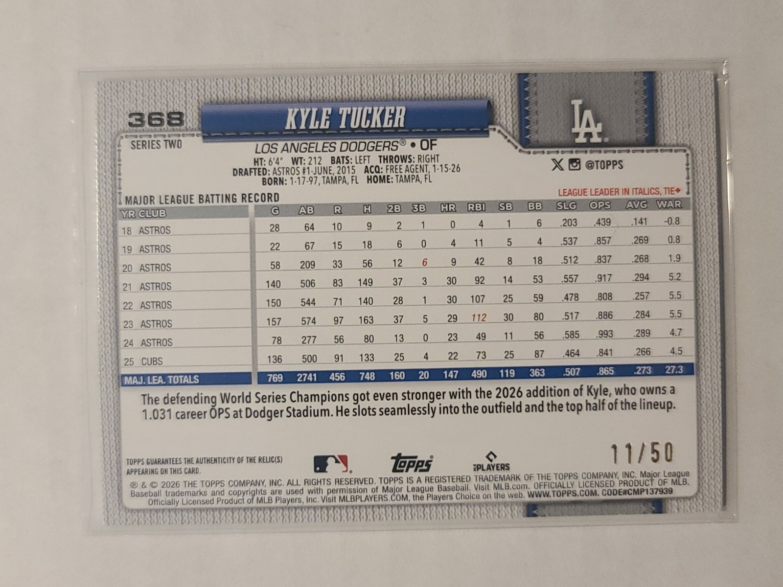 2026 Topps Series 2 Real One Bat Relic Kyle Tucker #368 Gold Foil 11/50 Dodgers