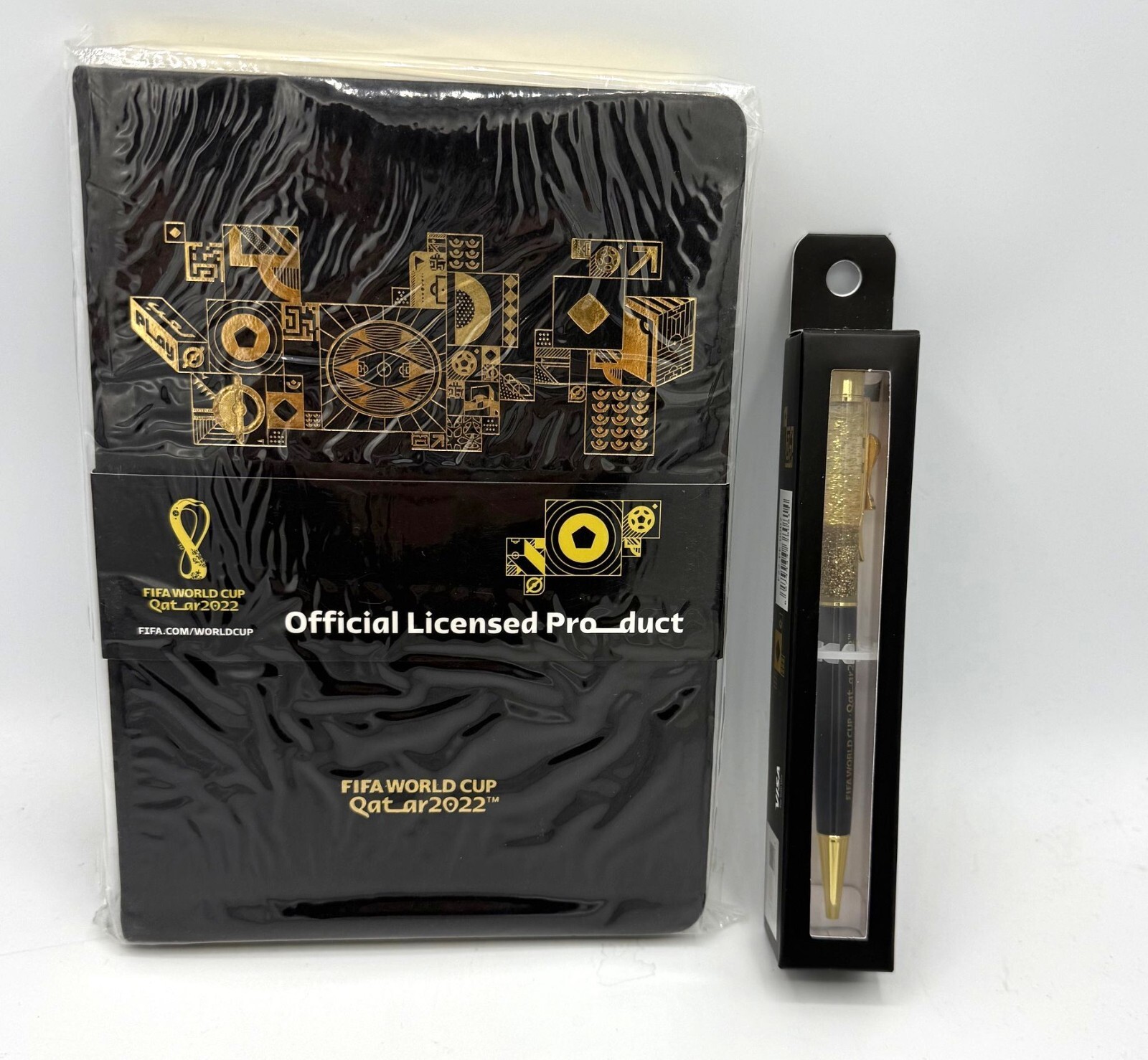 2022 FIFA WORLD CUP QATAR BLACK & GOLD 8″ NOTEBOOK & TROPHY PEN FREE SHIP