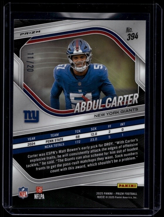 2025 Panini Prizm Football Abdul Carter #394 RC Rookie Panini Logo /20