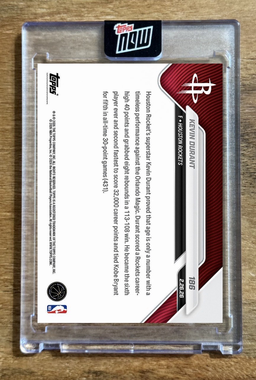 Kevin Durant 2025-26 NBA Topps NOW #186 – 2nd Fastest 32K PTS! Encased PRE SALE