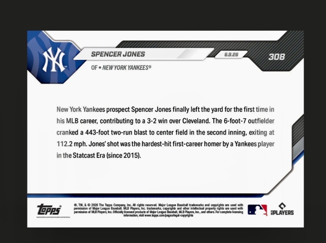 2026 TOPPS NOW 308 SPENCER JONES YANKEES HARDEST HIT FIRST HOME RUN PRESALE