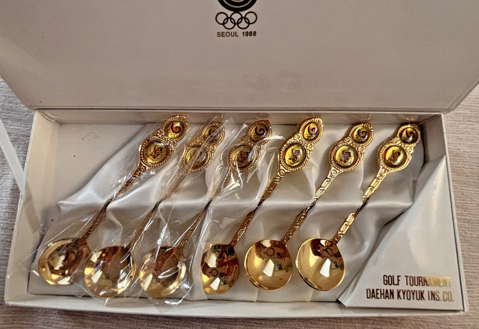 Vtg 1988 Seoul Olympics Gold Plated Spoon Set Boxed VIP Golf Gift Korea JJJ