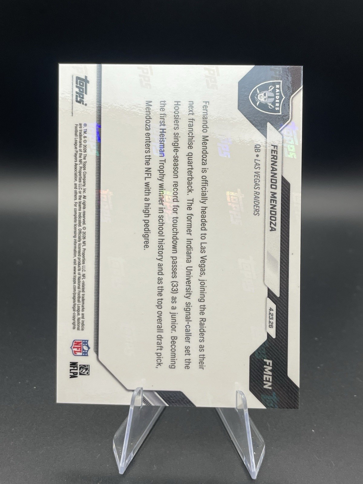 Fernando Mendoza Rookie 2026 Topps Now Draft Night #FMEN Card Las Vegas Raiders