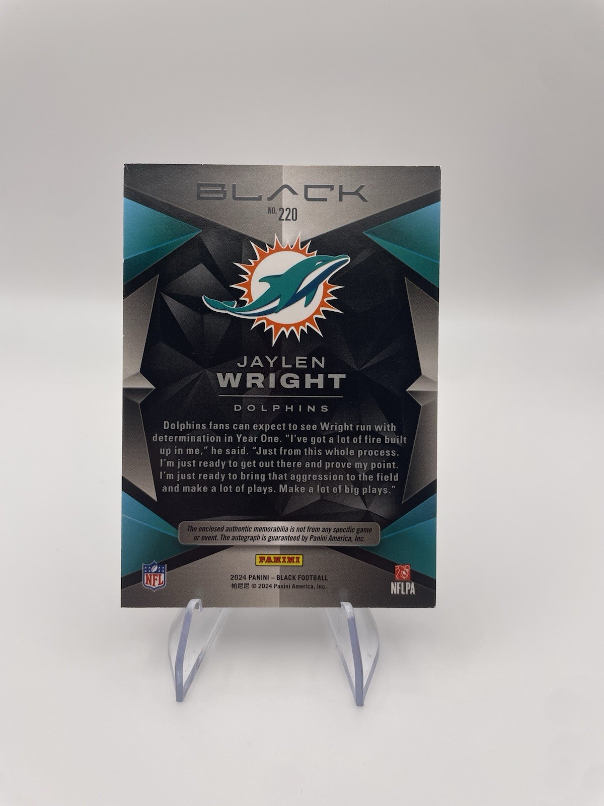 Panini 2024 Black Jaylen Wright Miami Dolphins Rookie Patch Auto #220 /299