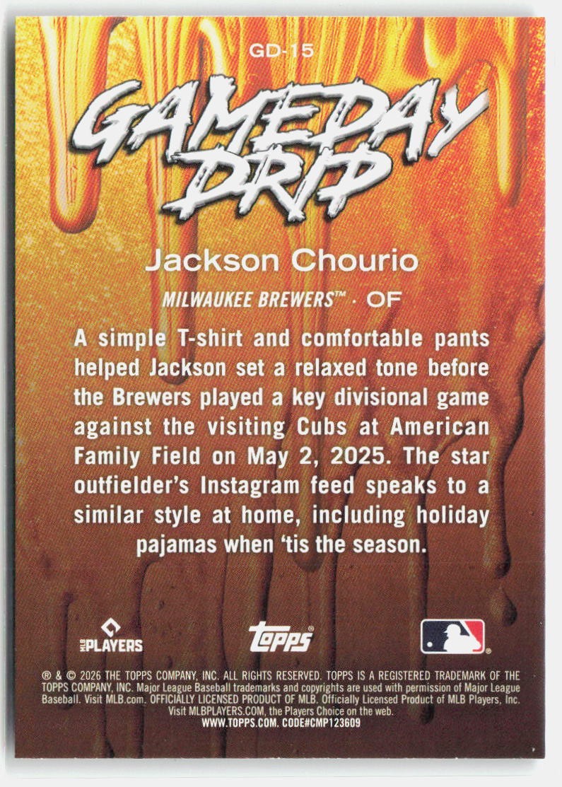 2026 Topps #GD-15 Jackson Chourio Gameday Drip