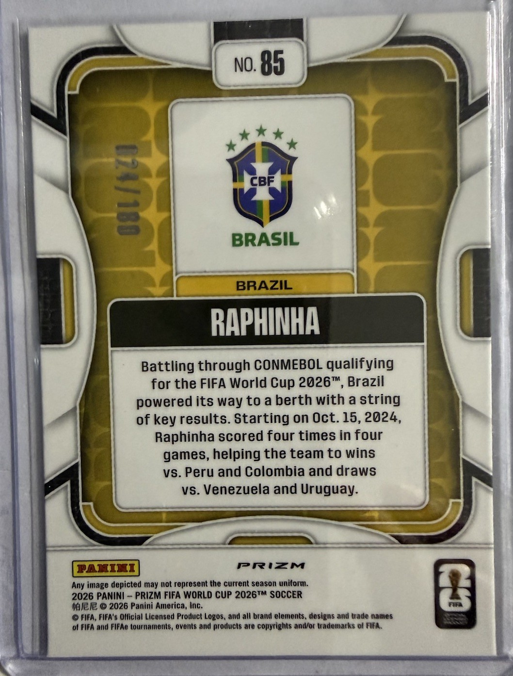 Panini Prizm 2026 FIFA World Cup Raphinha Brazil Wave Prizm – Serial #024/180