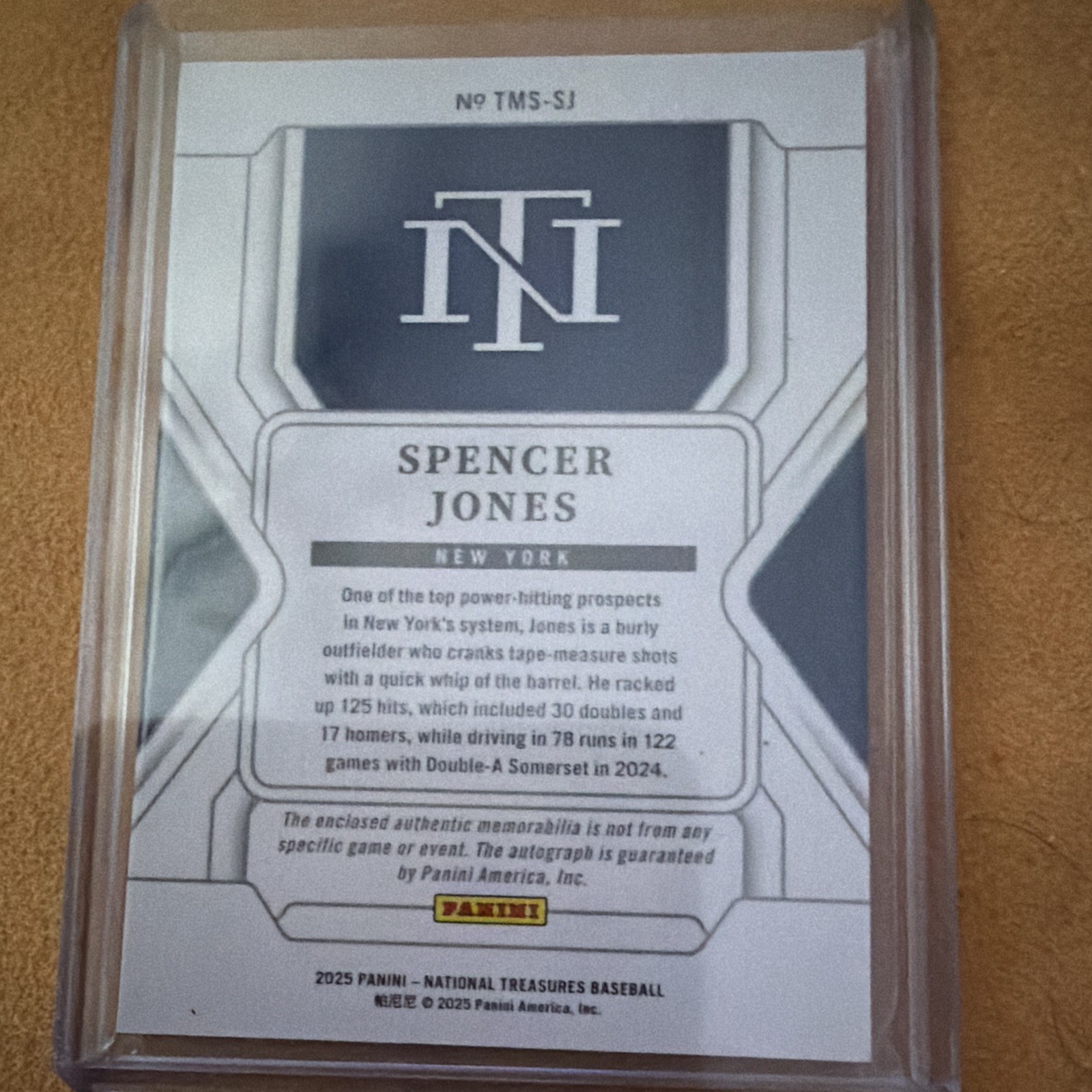 Panini 2025 National Treasures Spencer Jones Yankees Patch Auto TMS-SJ /10 06/10