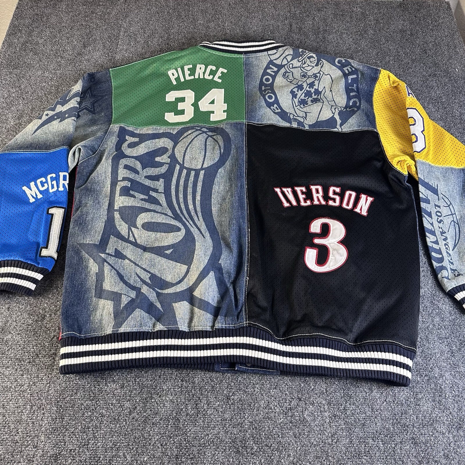 Vintage UNK NBA Patchwork Denim Jersey Varsity Jacket Mens 2XL LeBron Kobe