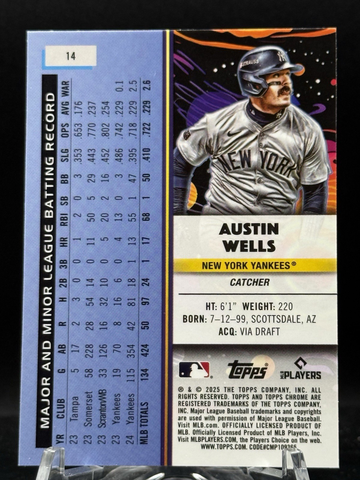 2025 Topps Cosmic Chrome Austin Wells #14 Purple Nebula Refractor /150 Yankees