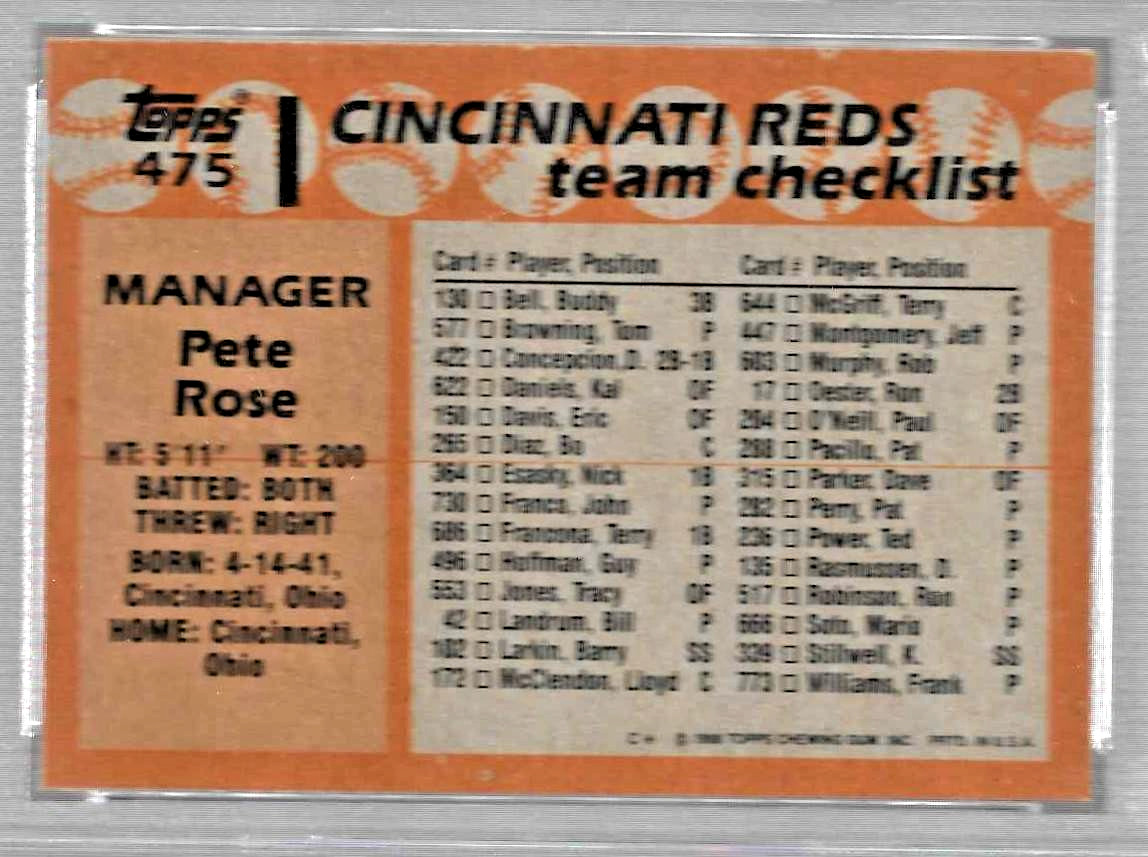 1988 TOPPS BASEBALL CARD #475 PETE ROSE GRADED PSA 9 MINT NQ MLB CINCINNATI REDS