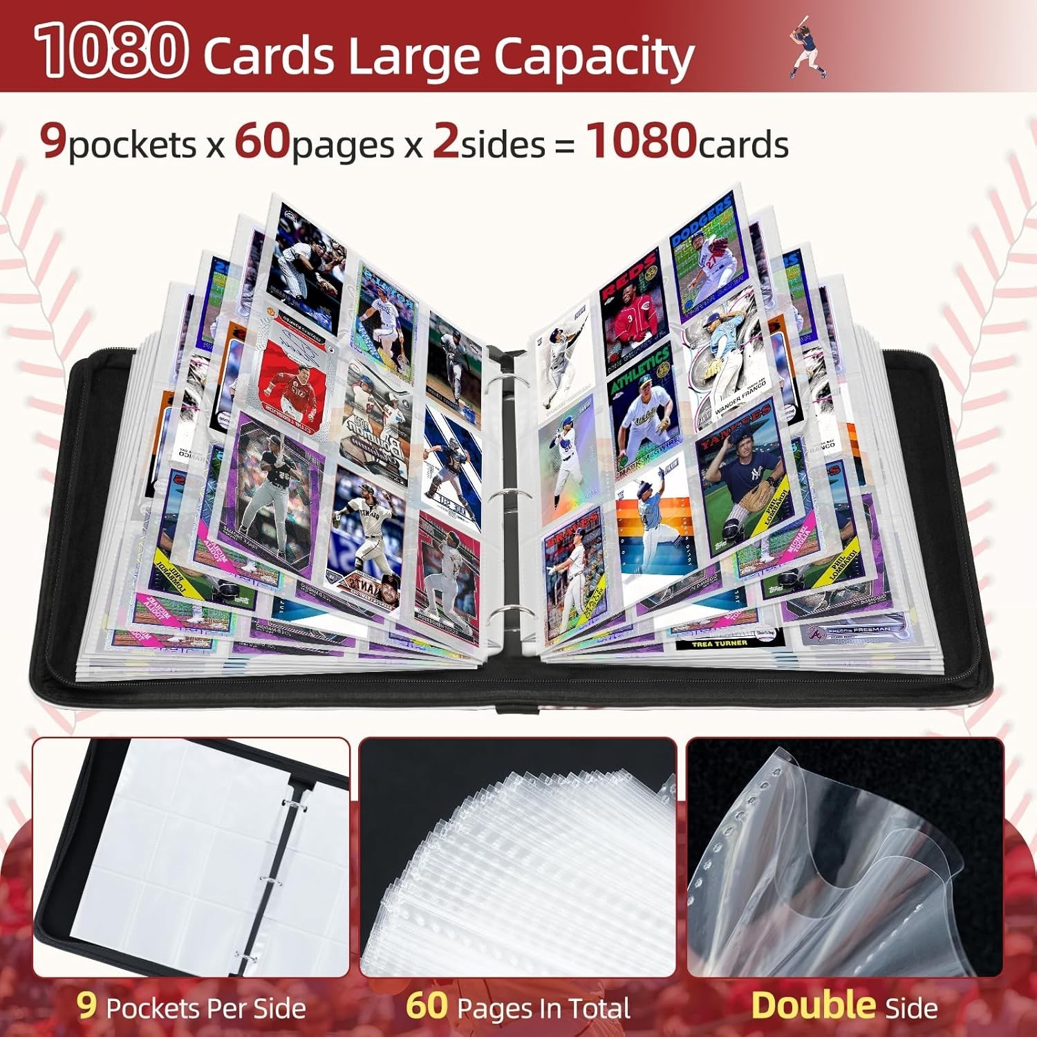 1080 Pockets Baseball Card Binder 9 Pocket, Trading Card Binder With 60 Remov…