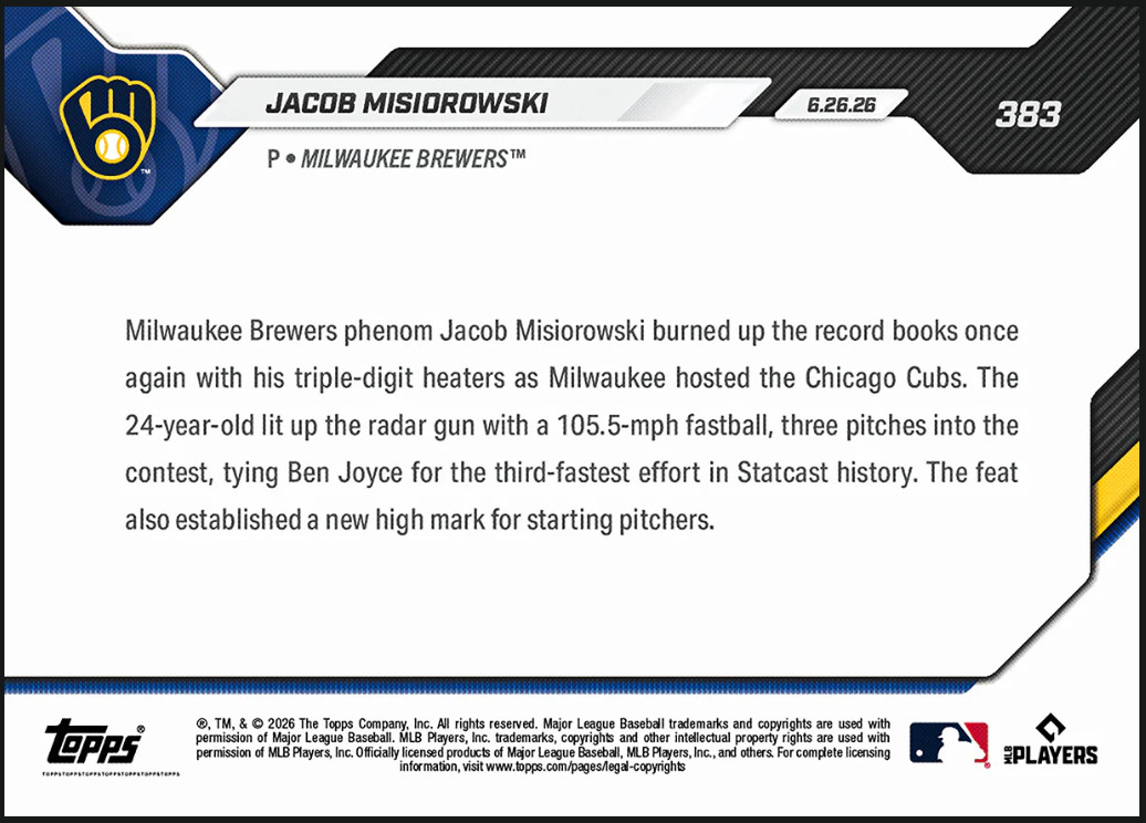 Jacob Misiorowski (RC) 105.5MPH RECORD – 2026 MLB Topps NOW® – Card 383 PRE-SALE