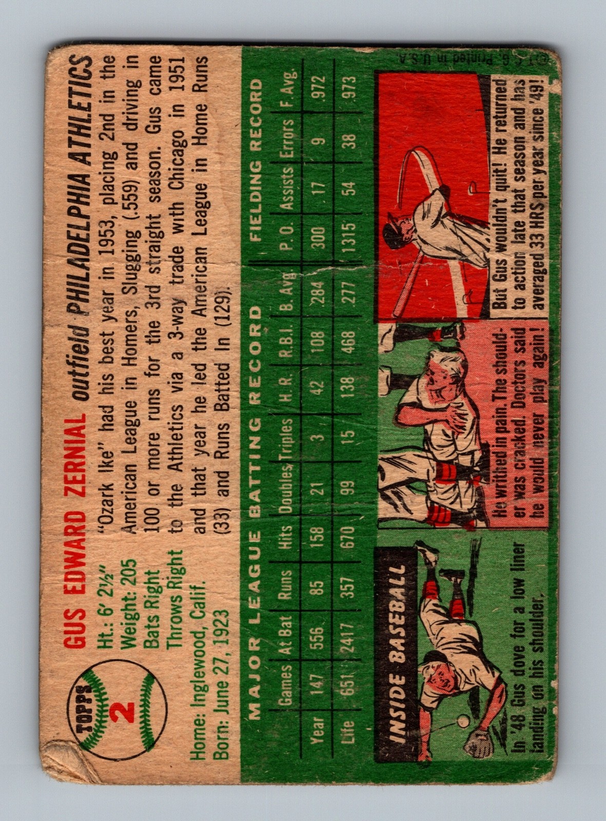 1954 Topps #2 Gus Zernial LOW GRADE Vintage Baseball Card