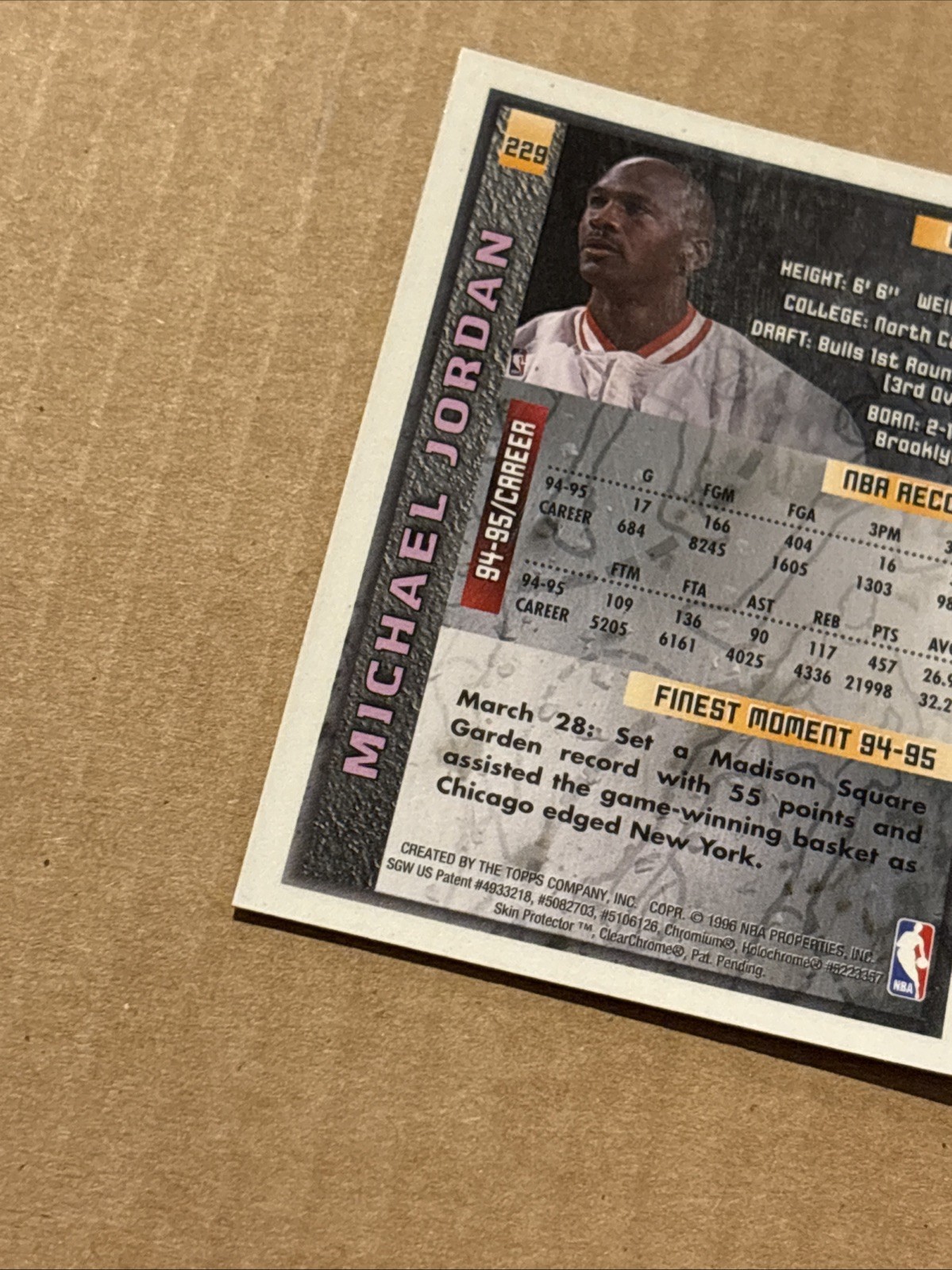 1995-96 Topps Finest Michael Jordan #229 w/ Protective Coating Chicago Bulls
