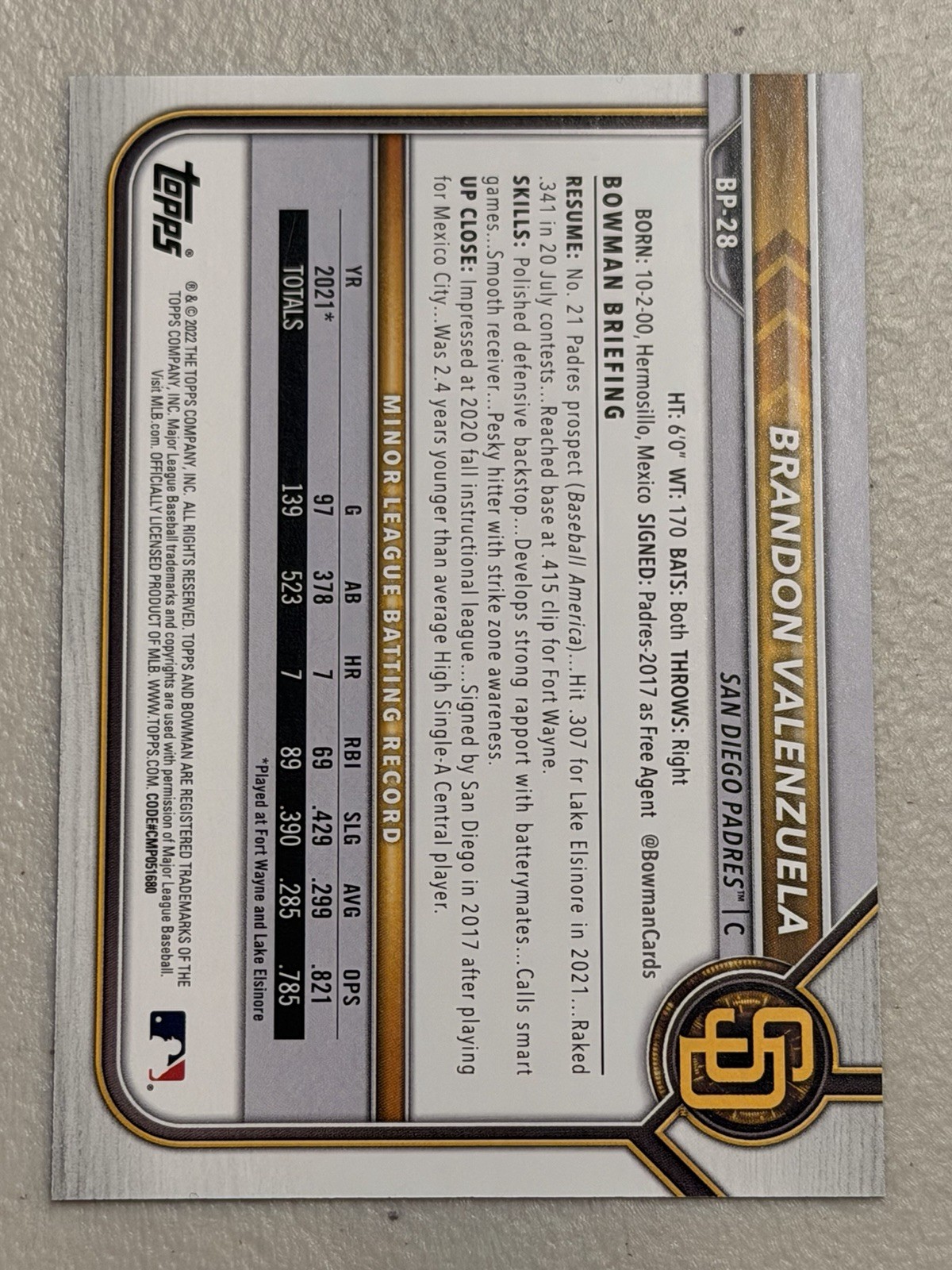 BRANDON VALENZUELA 2022 Bowman 1st ORANGE BORDER #/25 Blue jays ROOKIE