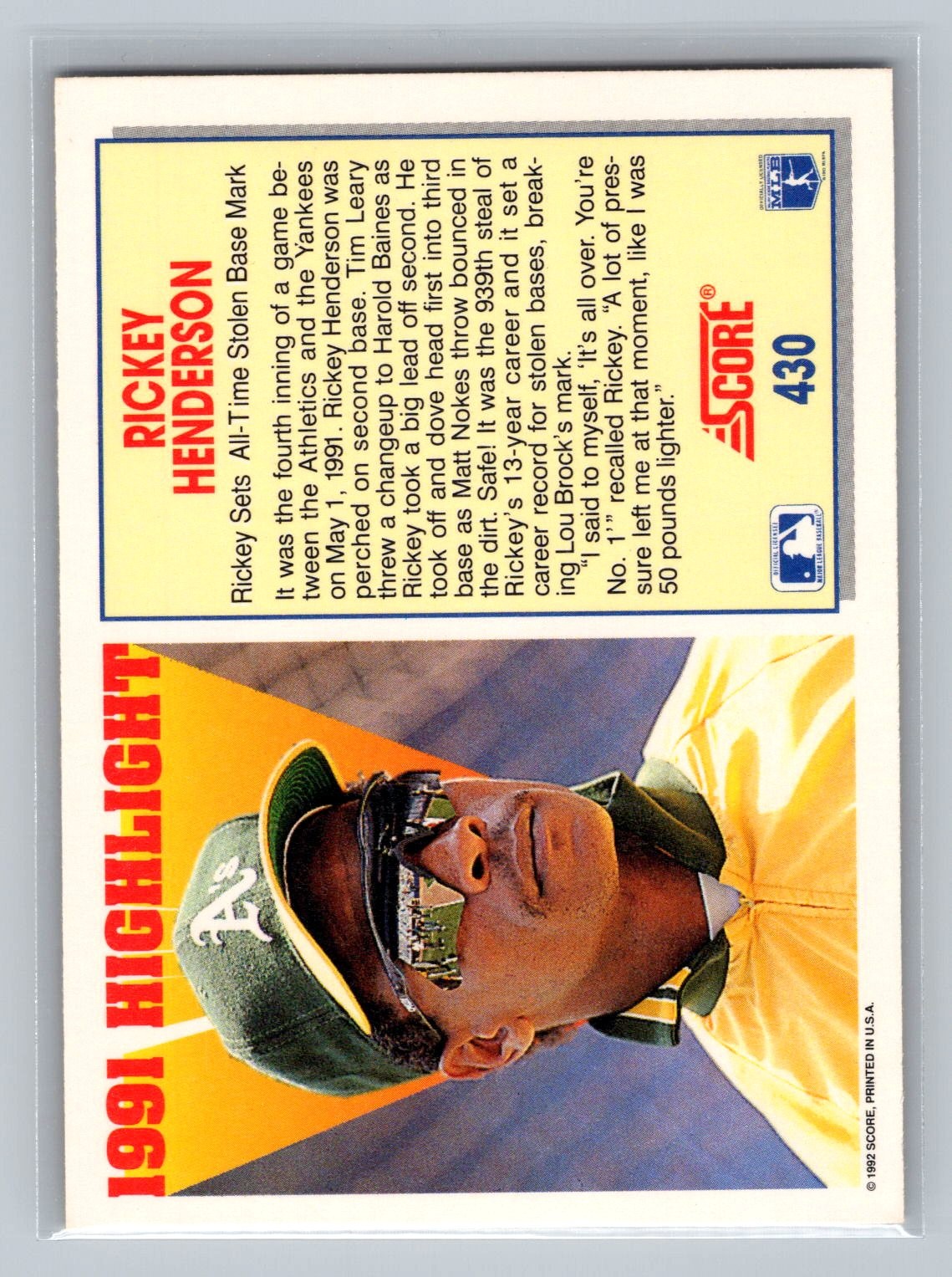 1992 Score #430 Rickey Henderson Oakland Athletics