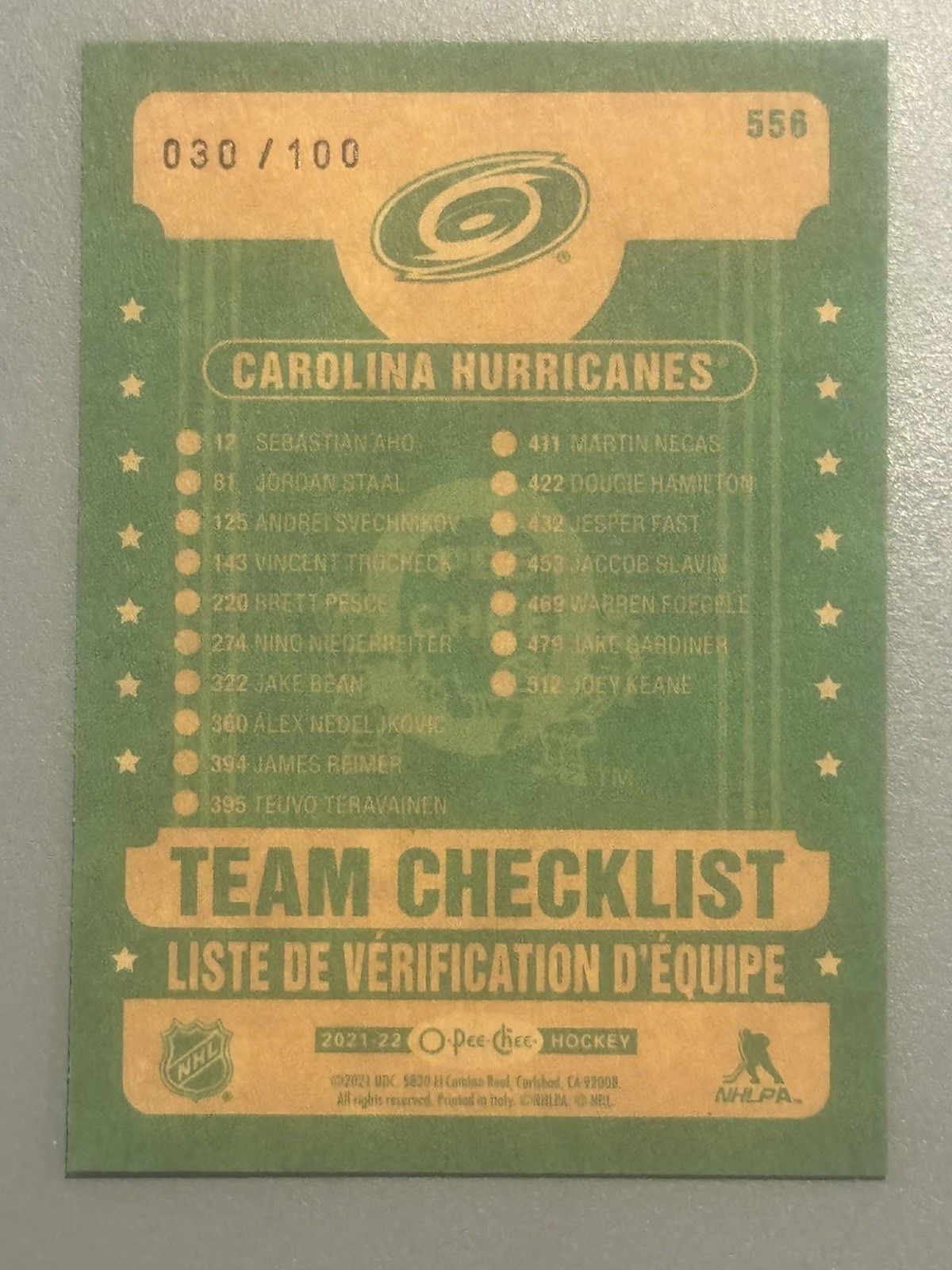 2021-22 O-Pee-Chee Retro Black Border Carolina Hurricanes Team Checklist /100