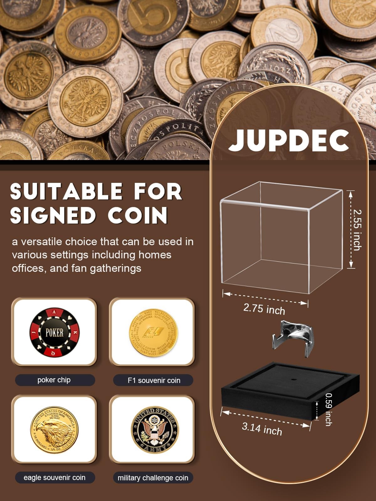 Coin Display Case Clear Acrylic Showcase Wood Base Alloy Holder Single Challenge