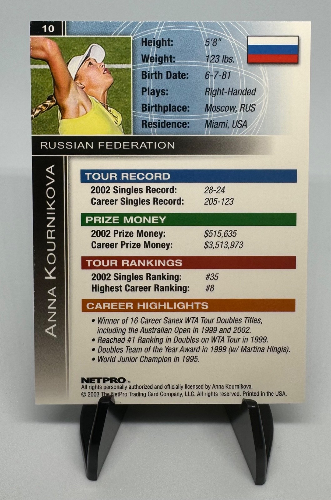 2003 Netpro International Series #10 Anna Kournikova Yellow Shirt Rookie RC