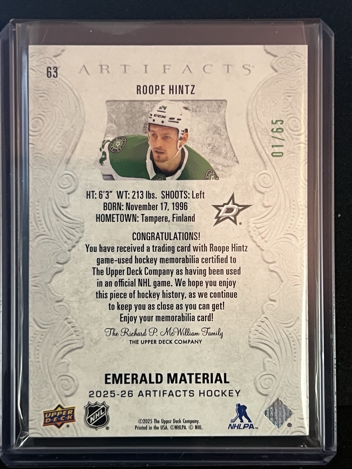 Roope Hintz #1/65 1st on Print Dual Game Used Patch Emerald Color Match
