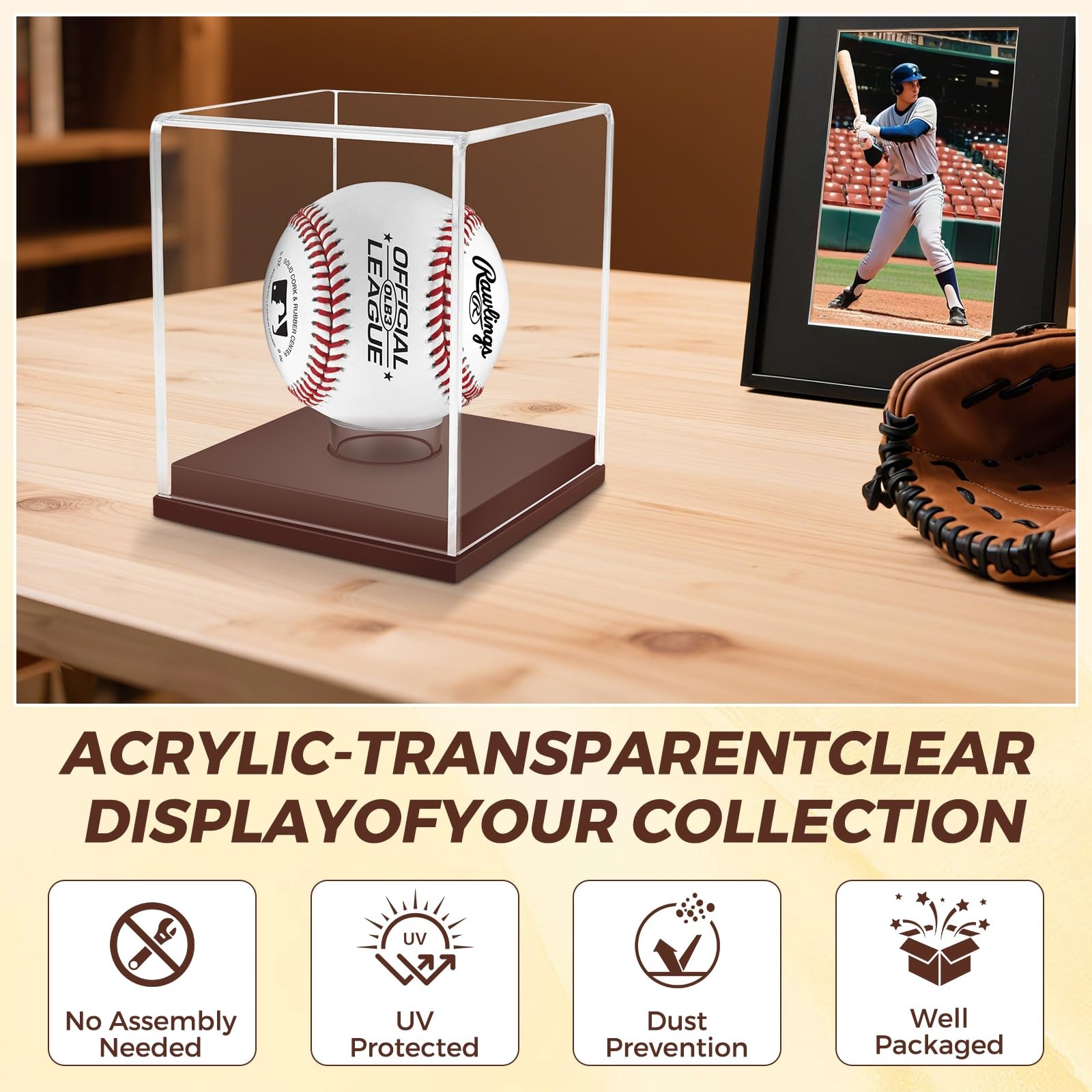 Softball Baseball Tennis Sports Ball Storage with Wooden Base Acrylic Display
