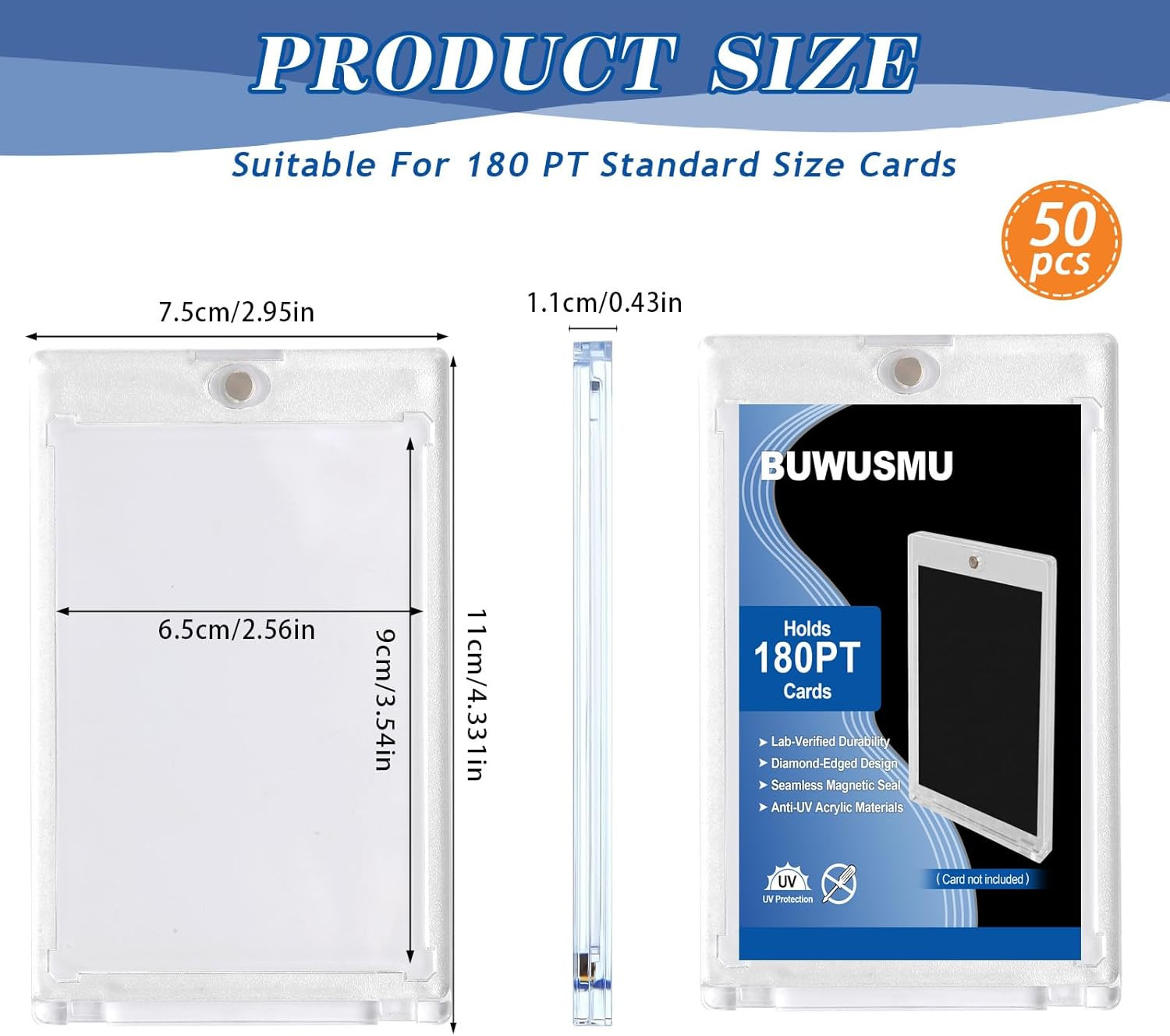 50 Pcs 180 Pt Acrylic Magnetic Card Holders, One Touch Clear Card Protectors, Ha